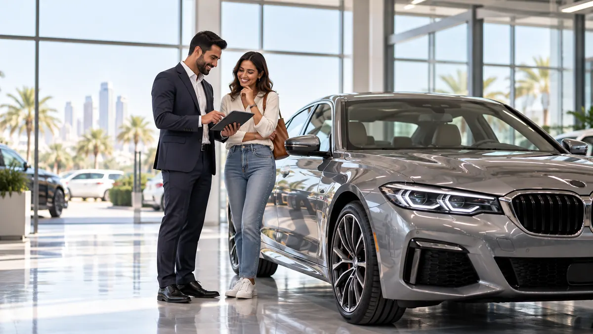 مستشار مبيعات يعرض سيارة على مشترية